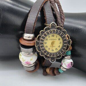 Vintage Tiedan Quartz Leather Wrap Bracelet Watch Floral Beads Boho Design